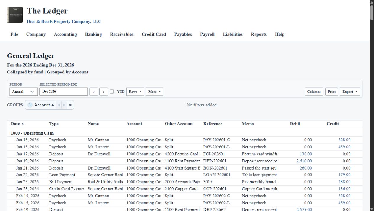 General ledger transaction detail for Dice & Deeds in The Ledger