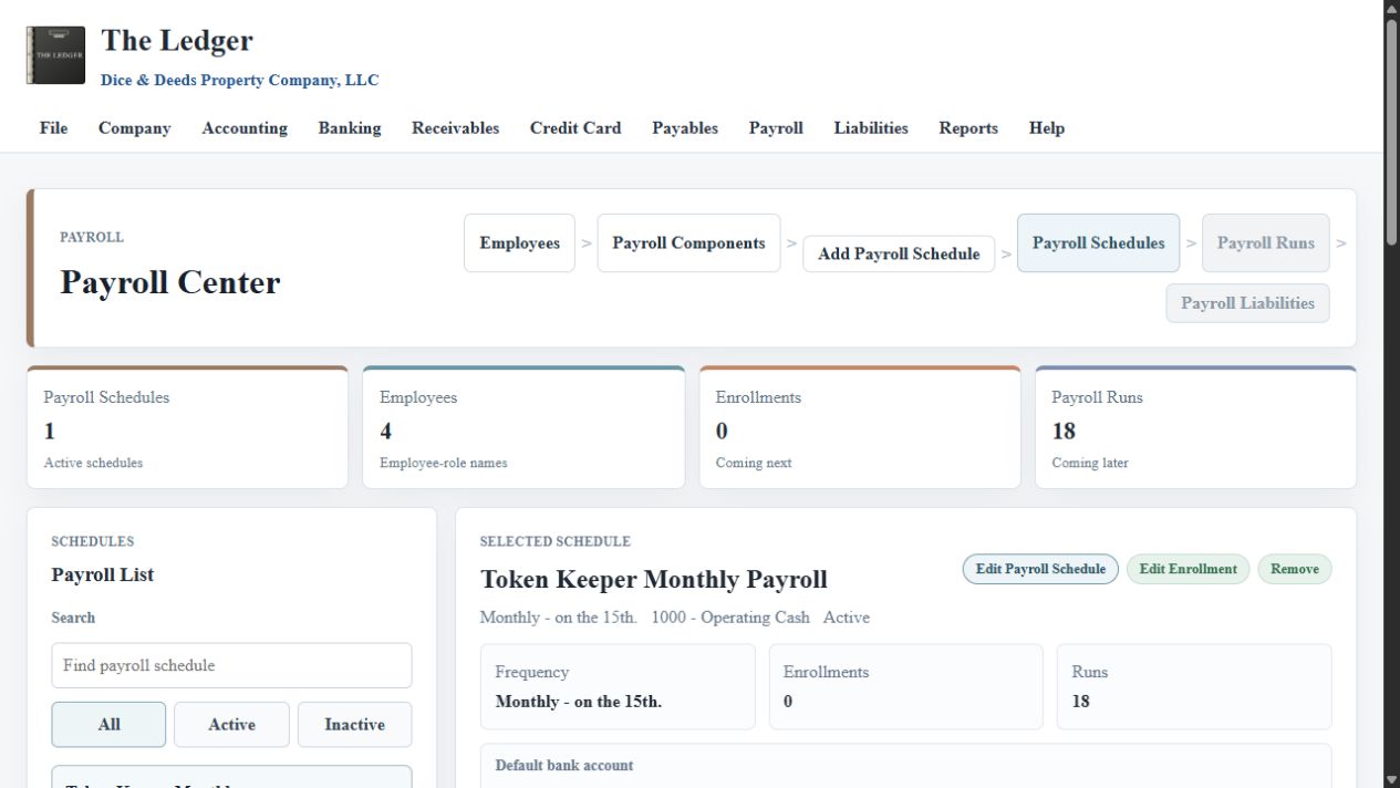 Payroll center for the fictional Dice & Deeds company in The Ledger