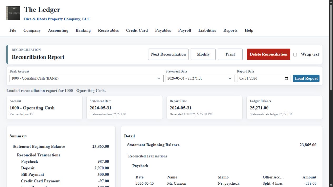 Completed bank reconciliation report for Dice & Deeds in The Ledger
